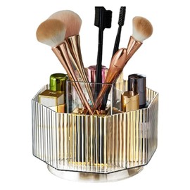 Kueohse Bathroom Vanity Tray Rotating Makeup Brush Holder with 5 Compartments Cosmetic Display Case Skin Care Trar (Transparent)