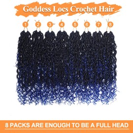 New Boho Braids Crochet Hair 8 Packs 1B/Blue Goddess Locs Crochet Hair for Black Women 12 Inch Faux Locs with Curly Ends Hair Pre Looped Crochet Braids Synthetic Hippie Locs Hair (1B/Blue,12 Inch)
