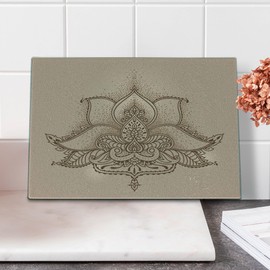 Lunarable Vintage Tribal Cutting Board, Oriental Lotus Flower Motif Eastern Theme Pattern Illustration, Decorative Tempered Glass Cutting and Serving Board, Small Size, Tan Umber