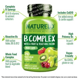 NATURELO NATURELO B Complex - Whole Food Complex with Vitamin B6, Folate, B12, Biotin - Supplement for Energy and Stress - High Potency - Vegan - Vegetarian - Non GMO - Gluten Free - 240 Capsules