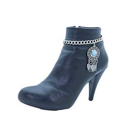 TrendyFashionJewelry TFJ Women Western Boot Chains Metal Bling Bracelet Anklet High Heel Bohemian Feather Charm Silver Color