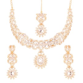 Touchstone Indian Bollywood Bollywood Silver Screen Desire Traditional Illustrious Filigree Sparkling Rhinestones Charming Look Designer Jewelry Hasli Necklace Set in Gold Tone for Women