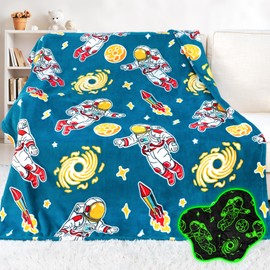 Space Blanket Throw Blanket Glow in The Dark Blankets Birthday Gift for 6 7 8 9 10 Year Old Boy Blankets with Star and Planet Decor 50x60 Inches