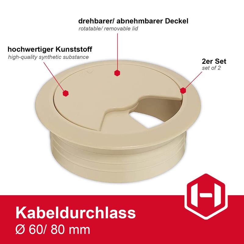 Cable Grommet Desk Plastic H1020 Round, Cable Feed-Through Beige, Cable