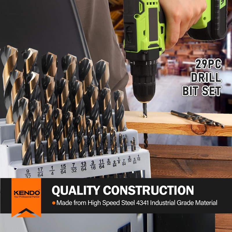 KENDO 29PC Drill Bit Set, 1/16"-1/2" Size 135° Tip HSS