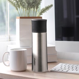 Relaxdays Stainless Steel Water Bottle, 400 ml, Leak-Proof, Cold & Hot Drinks, Vacuum Insulated Flask with Cup, Silver