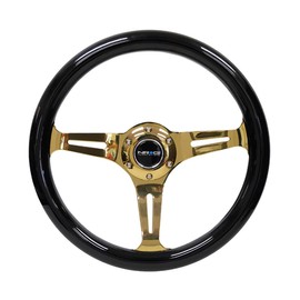 NRG Innovations NRG-ST-015CG-BK Steering Wheel - 350mm 25mm Deep Configuration, Classic Black Wood Grain Wheel with 3 Chrome Gole Spokes/Black Grip