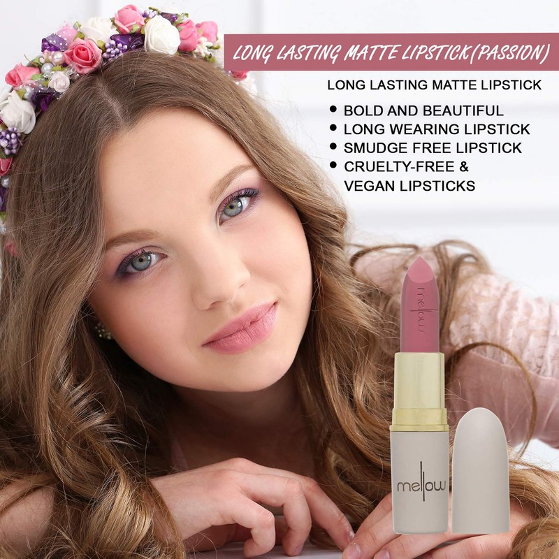 Mellow Long Lasting Matte Lipstick (Passion) - Smudge Proof, Moisturizing,