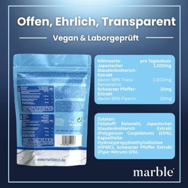 marble® Resveratrol 1000mg – 120 vegane Kapseln - Trans-Resveratrol hochdosiert aus Japanischem Staudenknöterich 100:1 Extrakt + Piperin - Longevity Supplements