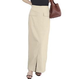 Kobe Lettuce M4077 Running Stretch Tight Skirt, Cargo-Style Skirt, Maxi Length, Long Length, Casual, Stretchy, Maxi Ecru, L