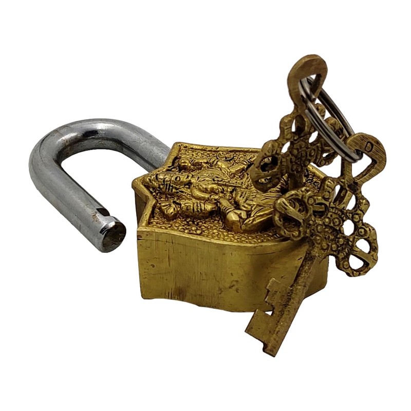 Purpledip Handmade Brass Antique Padlock with Maa Laxmi (Hindu Goddess