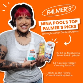 Nina Pool’s Top Palmer’s Picks (Set of 3): Skin Firming Cocoa Butter Body Lotion (13.5 oz), Skin Therapy Cleansing Facial Oil (6.5 fl. oz) & Moisturizing Swivel Lip Balm Stick (2 x 0.5 oz)
