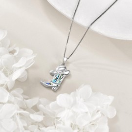 HOPEEZZ Cowboy Boot Necklace for Women Sterling Silver Cowboy Boot Hat Necklace Abalone Shell Pendant Western Jewelry Gift for Women