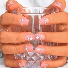 Sethexy Pink Rhinestone Handmade Fake Nail Short Square False Nails Nude Gradient Press on Nail Acrylic Salon Nails for Women and Girls 10PCS (J)