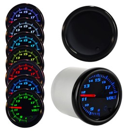 Nrkiscy Tinted 7 Color Volt Voltmeter Gauge kit 8-18V 2-1/16"(52mm) Includes Wiring Multi Color Display Black Dial Smoked Lens White Housing