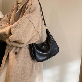 Small Hobo Bags for Women Retro Crescent Black Shoulder Purse Fall Soft Crossbody Handbag