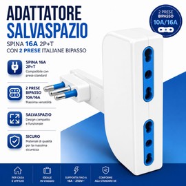 1 Pezzo Adattatore Salvaspazio Bianco, Spina 16A 2P+T con 2 Prese Bipasso Italiane 10/16A, AC 220V Max 1500W