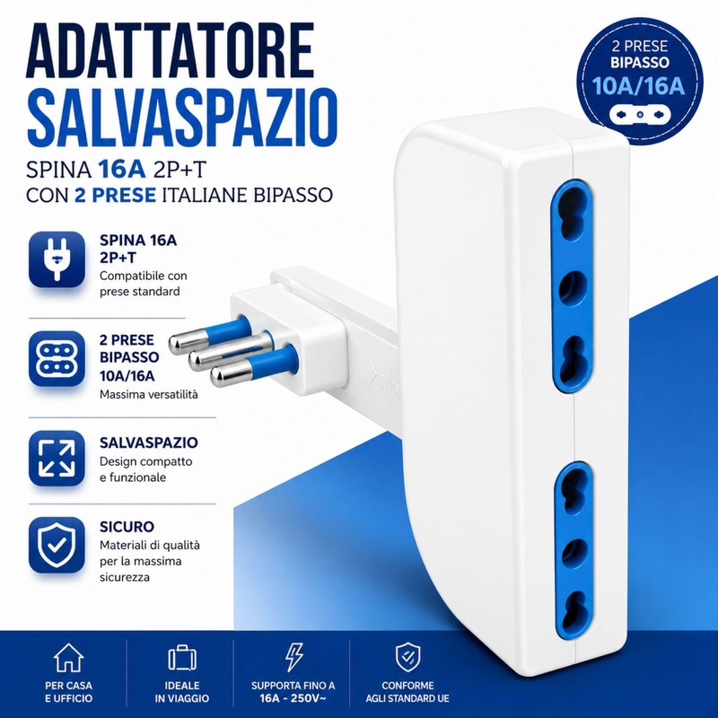 1 Pezzo Adattatore Salvaspazio Bianco, Spina 16A 2P+T con 2