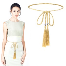 Giantree Tassel Braided Waist Belt for Women, Skinny Tassel Braided Bowknot Waist Rope Belt for Skirt Dress(Gold)