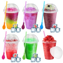 Ninehaoou 6 Sets 16 oz Reusable Glitter Plastic Cups with Dome Lids Detachable Spoon Straws Reusable Plastic Slushy Smoothie Tumbler for Iced Coffee, Juice, Soda, Party Supplies (Transparent White)