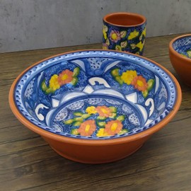 Handmade Hand Painted Portuguese Pottery Serving Bowl (Floral), 10” x 10” x 3” inches