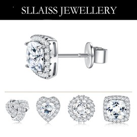 Sllaiss 4 Pairs 925 Sterling Silver Cubic Zirconia Stud Earrings for Women White Gold Plated Heart Big Stud Earrings Studs Jewellery Set