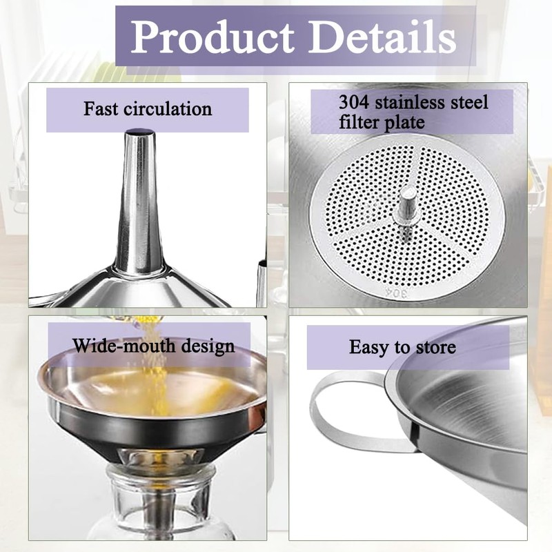 Funnels Stainless Steel Kitchen 13 cm Funnels with Handle, Detachable