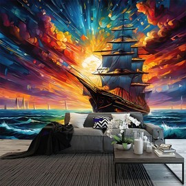 FENDROM Nautical Tapestry Vivid Color Ghost Sailboat Wall Art Fantasy Ocean Scenery Psychedelic Aesthetic Wave Sailing moon Wall Hanging Tapestries For Bedroom Living Room