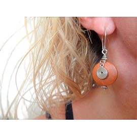 Orange spiral earrings, natural wood earrings with spiral, unique earrings on long self-curved hooks