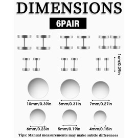 KGDUYC 6 Pairs Dot Stud Earrings Stainless Steel Stud Earrings Set for Men, Punk Rock Stud Earrings Men's Earrings Set, Black Round Flat Stud Earrings Hypoallergenic Earrings (4-10mm) - Silver