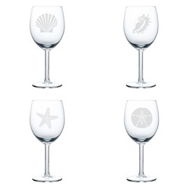 Set of 4 Wine Glass Goblet Sea Shells Sea Shore Collection (10 oz)