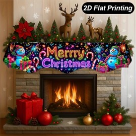 Merry Christmas Snowman Mantel Scarf 2D Flat Colorful Holiday Fireplace Decor