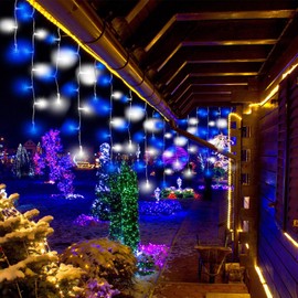 LAMPHOME Icicle Christmas Lights Outdoor 400LED 49.5FT-16 Modes Timer IP44 Waterproof Connectable Fairy String Lights, Remote Plug in for House Yard Patio Christmas Decorations- White and Blue