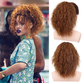 PORSMEER Short Curly Ponytail Extension Drawstring Ponytail,8 Inch Messy Hair Piece for Updos Natural Looking Synthetic Hair Afro Kinky Curly Pony Tails for Women,Auburn Brown