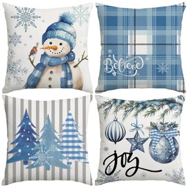 Artmag Christmas Pillow Covers 18x18 Inch Set of 4, Decorative Farmhouse Snowman Joy Believe Christmas Tree Blue Pillow Covers for Winter Holiday Home Decor Decoration