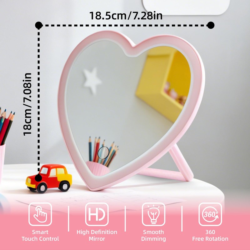 Taolivingmart Pink Heart LED Makeup Mirror Kids USB Foldable Travel