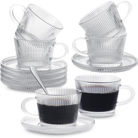 GURUDAR Glass Espresso Shot Cups with Saucers Set of 6, Clear Small Demitasse Cup with Stainless Steel Spoons, Dishwasher Safe Coffee Mugs for Tea Hot Chocolate Cappuccino, 5OZ/150ML, Stripe