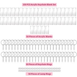 Lusy DM 150Pcs Acrylic Keychain Blanks Set Including 50 Pcs Rectangle Acrylic Blanks(2 x 8cm) 50Pcs Key Rings and 50Pcs Jump Rings Rectangle Acrylic Ornament Blanks for Vinyl and DIY, Silver, Small
