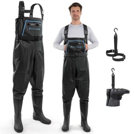 Calamus WaveWalker Fishing Waders for Men & Women, 100% Waterproof PVC Chest Waders with Slip-Resistant Boots, Tear-Resistant Nylon, Ample Storage, Wader Hanger, Black, M6/W8