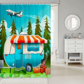 Erosebridal Camping Shower Curtain Set Happy Camping Camper Bath Curtain 72" Wx72 L,Camping Themed Shower Curtain for Kids Child,Old Barn Door Sketch Drawing Jungle Trees Camper Decor