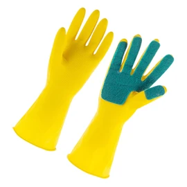 NOLITOY 1 Pair Latex Dishwashing Gloves with Scouring Pad Housework Cleaning Gloves for Kitchen Car Pet Care More Reusable Oil Resistant for All Cleaning Tasks