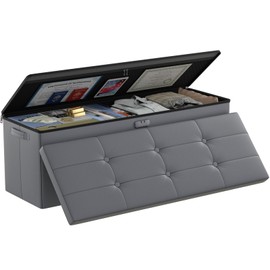 DocSafe Storage Ottoman Bench, Fireproof＆Waterproof Folding Bench with Lock(15”x 43”x15”), Leather Storage Chest with Handles＆2 Extra Boxes, Ottoman Safe for Bedroom,Living Room,Home Office, Gray