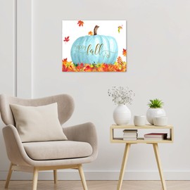 LB Fall Canvas Wall Art Thanksgiving Pumpkin and Maple Leaf Canvas Art Teal and Orange Watercolor Canvas Wall Art Decor for Living Room Bedroom Bathroom Decor,20x16 inch