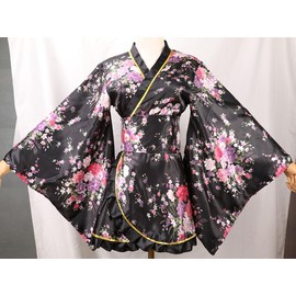 ZNLFS Women's Japanese Kimono Robe Anime Cosplay Costume Dance Yukata Silk Bathrobe Fancy Dress (UK, Alpha, One Size, Regular, Regular, Black)