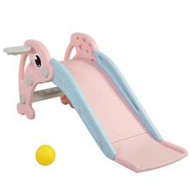 2 in 1 Toddler Slide with Basketball Hoop, Pink, Indoor Outdoor Playset - Extra Long Slide