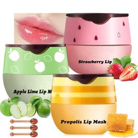 3 PCS Bee Lip Balm Honey Pot, Honey & Strawberry & Apple Lime Lip Mask Overnight Propolis Moisturizing Lip Balm Hydrating Prevention Dry and Crack Lip Scrubs Exfoliator Lip Wrinkle Care (Set A)