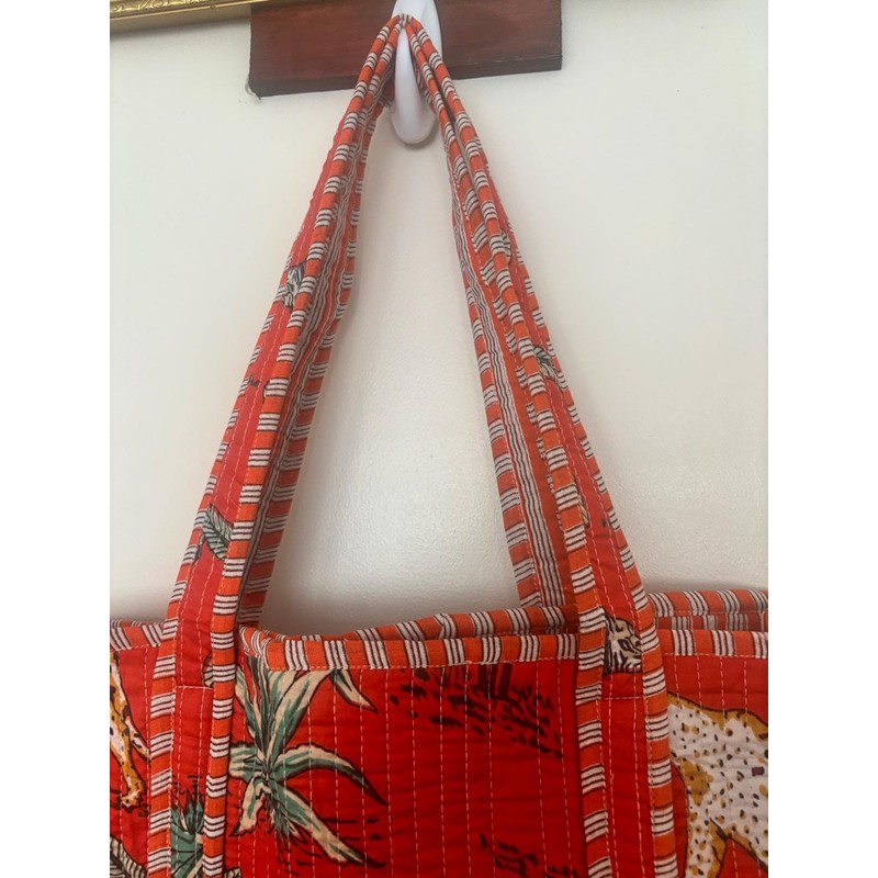 Quilted Cotton Tote Bag, Orange Tropical Safari Print, Striped Handles