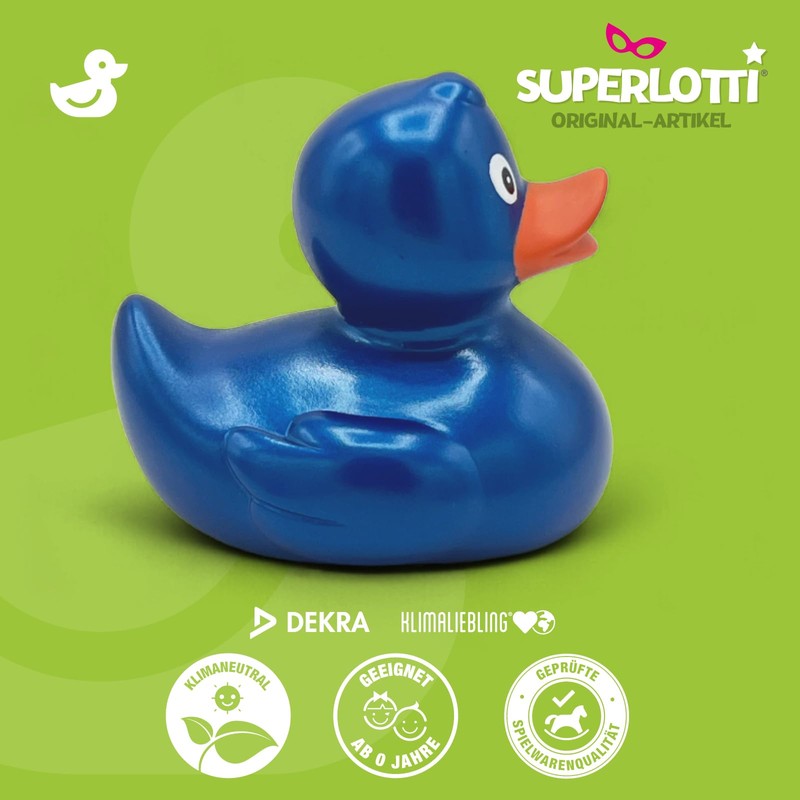 SUPERLOTTI Squeaky duck Renate blue metallic, an original bath duck,