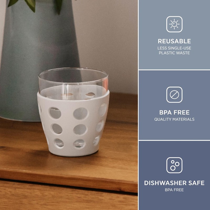 Lifefactory 10-Ounce Beverage Glasses with Protective Silicone Sleeves, 4-Pack, Stone