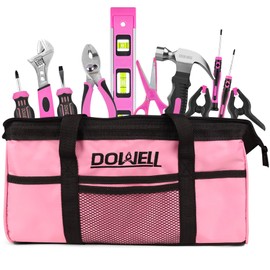 DOWELL 14 Pieces Kids Real Tools Pink Tool Set，Tool Kit with Storage Bag for Boys, Girls, Children DIY Building and Woodworking, Age 8+